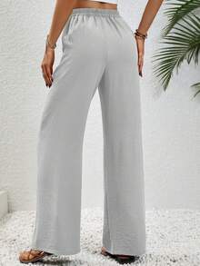 SHEIN Tall Women's Khaki Casual Vacation Style Elastic Waist Drawstring Relaxed Straight Leg Pants - Light Grey - View 2