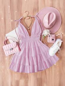 GlowEve Women's Elegant Solid Color Backless Camisole Dress, Summer - Mauve Purple - View 2