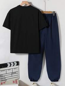 Vacaura 2pcs/Set Teens' Casual Round Neck Printed T-Shirt And Drawstring Pants Set, Suitable For Daily, Commuting, Outdoor Wear, Spring/Summer - Navy Blue - View 2