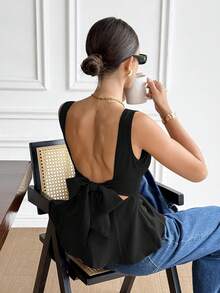 Blusa sin mangas con lazo y diseño a cuadros para vacaciones de mujer - Negro - Ver 4