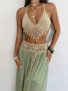 Aloruh Conjunto bohemio de ganchillo de verano para mujer, 2 piezas para uso diario de verano, ropa de verano, ropa de playa, conjunto de vacaciones de playa para mujer, conjunto de vacaciones, ropa de mujer estilo bohemio de vacaciones tropicales, ropa de mujer de vacaciones tropicales, top de punto de ganchillo y falda acampanada verde, conjunto de 2 piezas - Verde - Ver 7