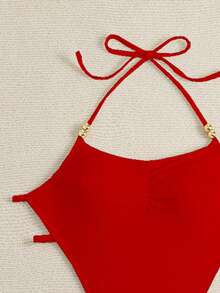 Swim SXY 1pc Solid Color Halter Tie Beaded One-Piece Swimsuit - Red - View 2