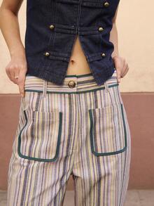 高腰条纹阔腿裤，撞色滚边，贴袋设计，裤脚收口。完美打造夏日造型，适合各种场合，如度假、海滩、泳池派对、日常穿搭和街头风。 - 綠色 - 查看 6