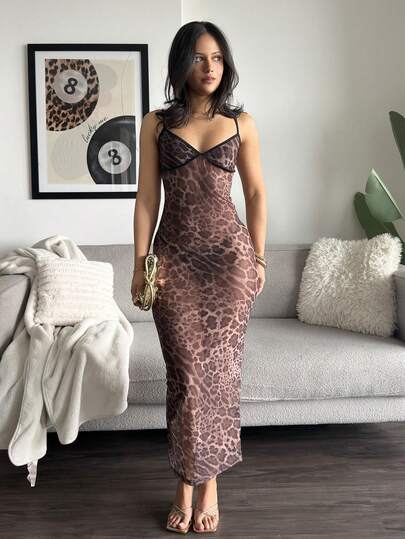 LHSEPT 全新性感豹纹网眼吊带裙，修身版型，长款