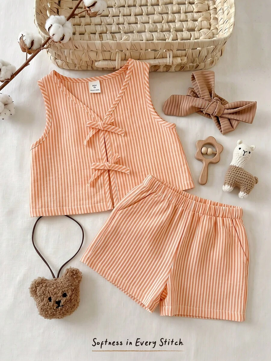 2 piezas Conjunto de top tejido a rayas naranjas y shorts para niña bebé - Naranja - Ver 1