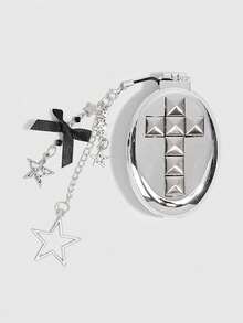 ROMWE Kawaii 1Pc Punk Style Rivet Cross Foldable Comb & Mirror Set, Back To School & Graduation Season Air Cushion Comb, DIY Portable Pocket Comb Mirror For Punk Vibes - Grey 1 - View 8