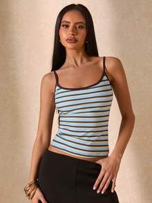 SHEIN BAE Women's Blue & Brown Contrast Trim Fitted Backless Casual Camisole Top, Basic Style, Summer, Spring Break, Beach, Outing, 2000s Inspired, Blue Top, Colorful Striped Top,Summer Top - Blue - View 5
