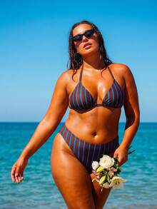 Swim Vcay 2026 Spring New Plus Size Women's Striped Print Khaki Halter Tie-Up High Waist Bikini Two Pieces Swimwear - Coffee Brown - View 5