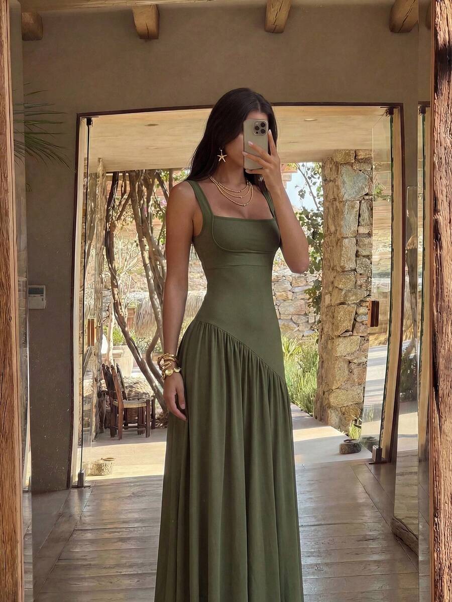 Bonvoyette 时尚女士橄榄绿褶皱吊带连衣裙