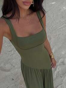 Bonvoyette 时尚女士橄榄绿褶皱吊带连衣裙 - 橄欖綠 - 查看 5