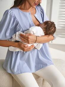 SHEIN 孕妇蓝白条纹衬衫，半开领，单排扣，宽松袖口和下摆设计，优雅百搭，适合春夏孕妇及哺乳期女性穿着。 - 藍色 - 查看 6