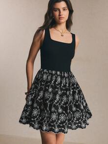 Poéselle 女士印花方领无袖短连衣裙，夏季 - 黑色 - 查看 3