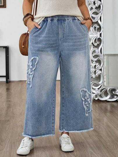 EMERY ROSE Mature Denim Plus Size Summer Casual Washed Frayed Hem Butterfly Embroidered Loose Fit Jeans,Women's Denim Cropped Wide Leg Pants – Elastic Waist Butterfly Patches Raw Hem Summer Casual Outfits,Women's Denim Cropped Pants  Butterfly Patches Y2K Coquette Street Style,Women's Elegant Denim Cropped Pants – Butterfly Patches Vacation Style,Omen's Light Wash Denim Cropped Wide Leg Pants, Featuring An Elastic Gathered Waistband, Frayed Butterfly Appliqué Patches, And Raw Frayed Hems. Soft Lightweight Denim Fabric, With Side Pockets And A Relaxed Fit, Perfect For Summer Daily, Vacation, Boho & Casual Streetwear Looks,DenimCroppedPants, WideLeg, ElasticWaist, ButterflyPatches, RawHem, SummerPants, Y2K, CoquetteStyle, CasualStreetwear