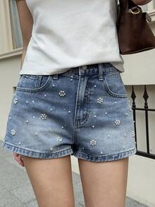 Shorts vaqueros casuales y sexys de mujer con tachuelas y rhinestones para el verano - Lavado ligero - Ver 6