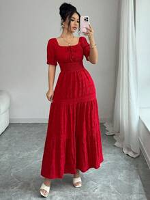 SHEIN Elenzya Women's Elegant Waist Tie Petal Sleeve Dress, Summer - Red - View 7