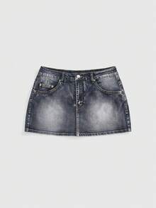 ROMWE J-Fashion Váy mini denim dáng ôm, màu hồng Millennium, thêu hình vương miện và nơ, cỡ lớn, cạp chun, họa tiết vintage (bao gồm cả quần legging lót). - Màu xanh lam - Xem 2