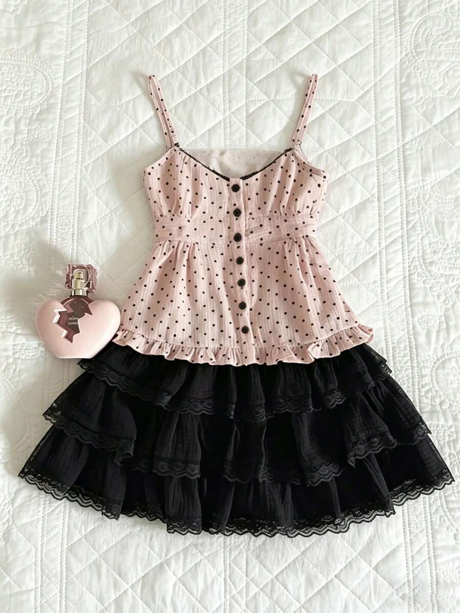 Bộ 2 món dành cho nữ: áo khoác cardigan chấm bi hồng và chân váy đen. - Nhiều màu - Xem 1