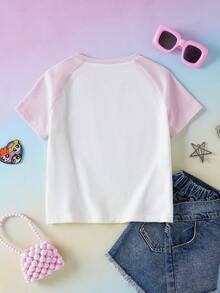 THE POWERPUFF GIRLS X SHEIN 少女圆领短袖插肩袖可爱印花休闲T恤 - 粉色 - 查看 2