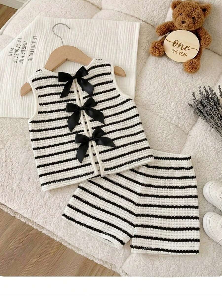 Babygirl Summer Cute Vacation Casual Striped Knit Bow Tie Camisole And Shorts Set - Black and White - View 1
