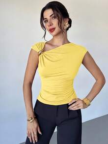 Firerie Women's Casual Elegant Metal Decoration Asymmetrical Shoulder T-Shirt, Suitable For Going Out, Party And Other Occasions/Fall For Women/Halloween Costume Women/Red Christmas T-Shirt/New Year/Party Top/Elegant Women's Top/Burgundy Top, Summer Top - Yellow - View 5