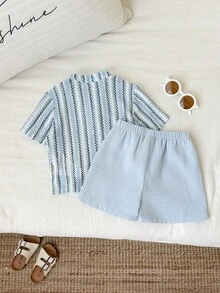 SHEIN Bộ 2 món áo polo kẻ sọc và quần short cho bé trai mùa xuân/hè, trang phục mùa hè cho bé trai. - Màu xanh lam - Xem 2