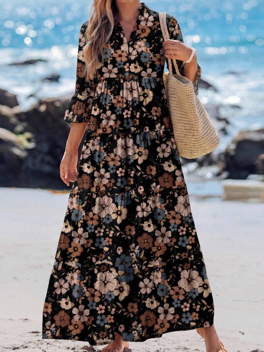 SHEIN LUNE Women Vintage Floral V-Neck Pleated Long Sleeve Long Dress, Suitable For Spring/Summer Autumn Boho Chic Dress - Multicolor - View 1