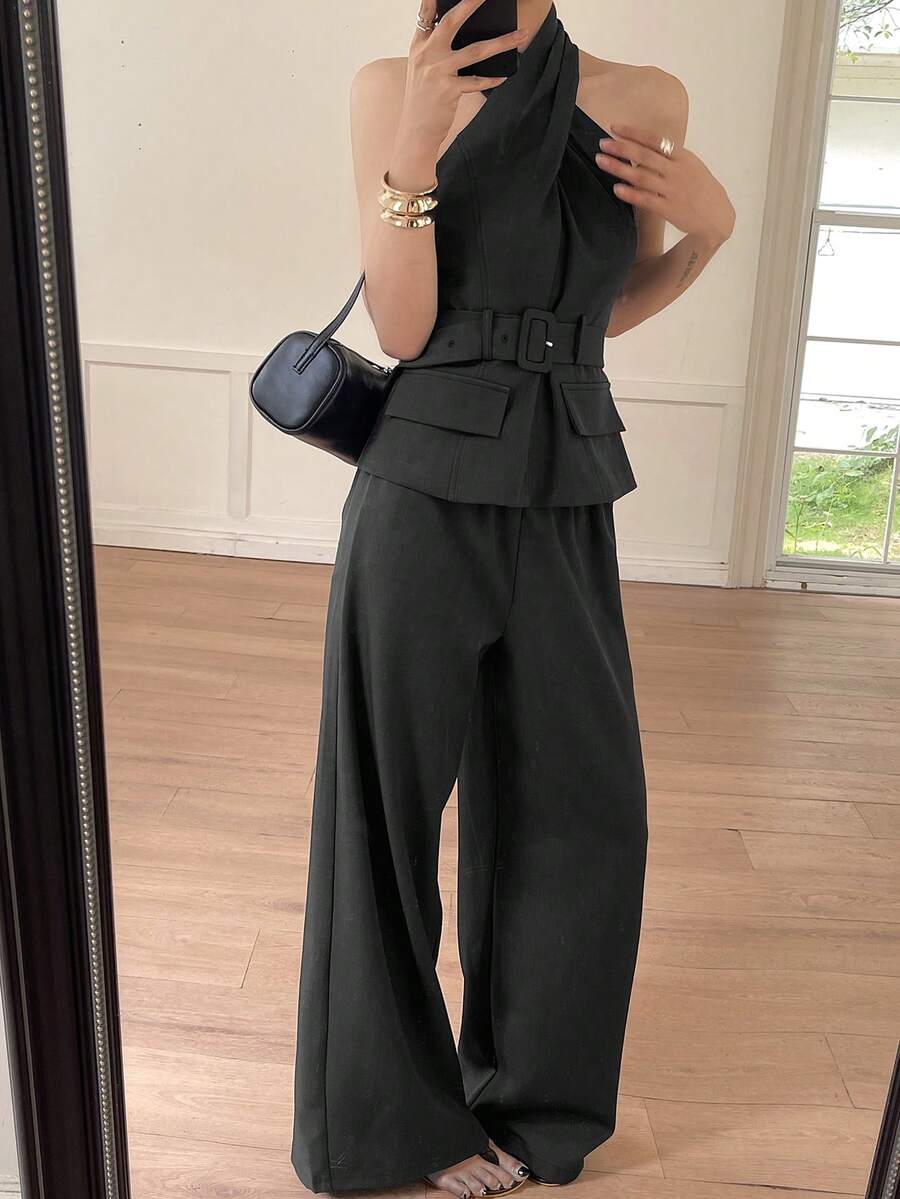 DAZY 女士春夏露背扭结露脐上衣和宽松长裤套装，度假通勤两相宜 - 深灰色 - 查看 1