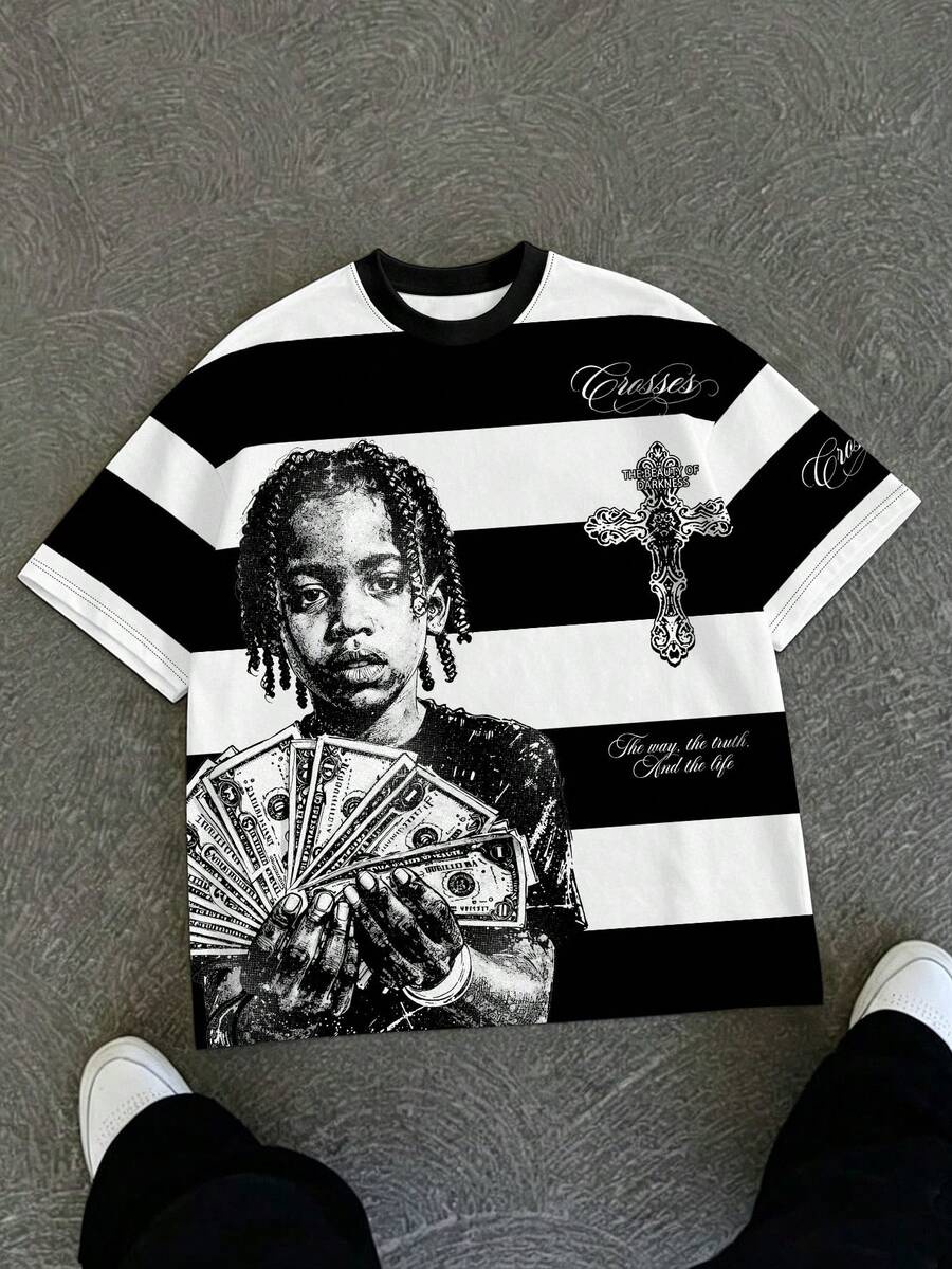 Manfinity EMRG 男士黑白条纹人像及钞票印花短袖T恤，复古美式街头风休闲上衣，适合夏季度假、音乐节、派对等场合。 - 彩色 - 查看 1