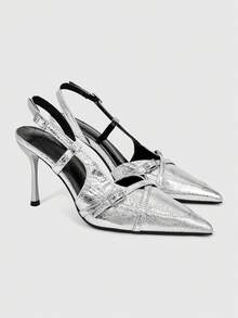 ROMWE Grunge Punk 尖头银十字扣时尚性感英伦风穆勒高跟鞋后跟空心鞋 - 銀色 - 查看 3