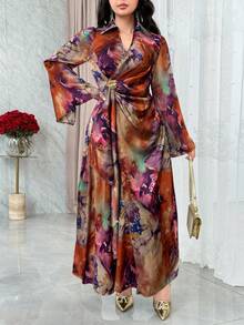 Modelyn Women's Elegant Floral Print Overlap Collar Flare Sleeve Dress, Autumn Silk Dress Wrap Dress - Brown - View 6