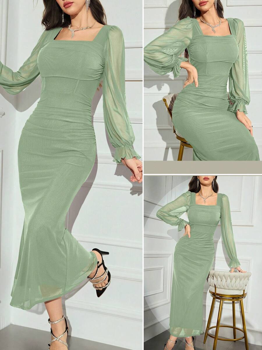Modelyn Women's Solid Color Mesh Contrast Long Sleeve Casual Dress Long Evening Dresses
