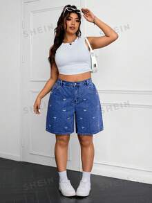 SHEIN ICON 大尺碼女款夏季休閒日常通勤蝴蝶結圖案寬鬆牛仔短褲 - 藍色 - 查看 5