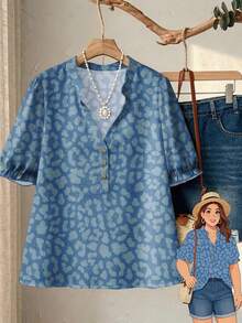 Rusticease Plus Size Summer Casual Leopard Print Cutout Collar Shirt - Multicolor - View 4