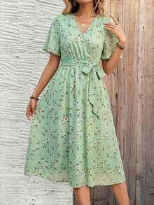 EMERY ROSE 女士优雅碎花中长连衣裙，夏季，女士衬衫裙 - 綠色 - 查看 5