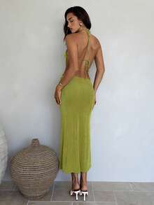 Aloruh Women's Green Music Festival Backless Tassel Decor Fitted Fishtail Dress, Spring/Summer - Green - View 2