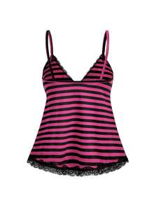 ROMWE Kawaii Y2K V-Neck Striped Contrast Color Lace Camisole T-Shirt, Sexy Punk Style Summer Clothing - Hot Pink - View 2
