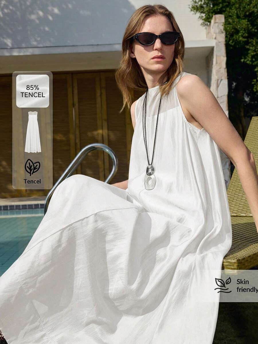 Ontre 女款優雅熱帶休閒全白夏季長洋裝，保守無袖圓領寬鬆版型，柔軟梭織面料，高品質度假度假風 - 白色 - 查看 1