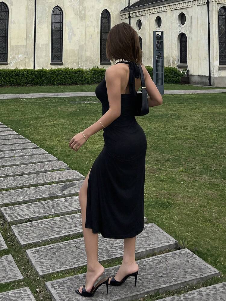 Black V-Neck Backless Floral Fitted Midi Dress With Side Slit For Women Summer