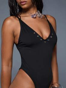 COUREZ V Neck Swimsuit With Eyelets Detail / Y2K Sexy Summer Outfits For Women Clothes Vacation Beach Party Sets Black Swimwear 1 Piece - Black - View 6