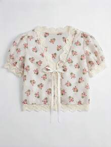 lacRébo White Floral Embroidered Blouse Puff Sleeves, Lace Details, Boho French Style Top Vacation Top Going Out Top Spring Summer Summer French Style Parisian Style - Multicolor - View 7