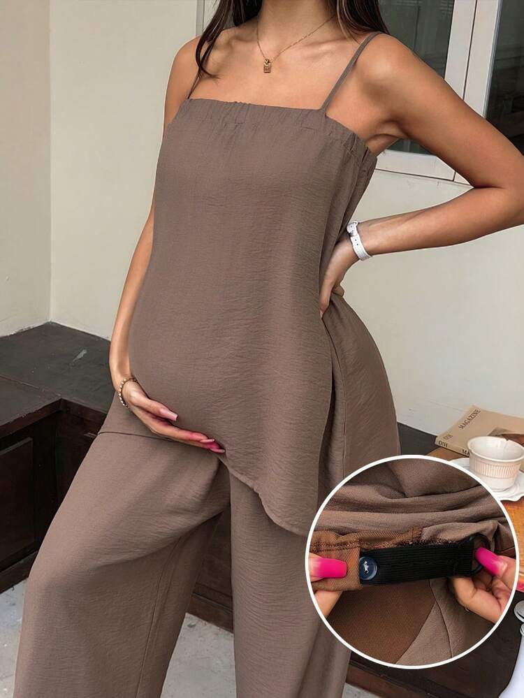 Casual Vacation Style Loose Camisole Top And Long Pants Two Pieces Set, Brown, Maternity