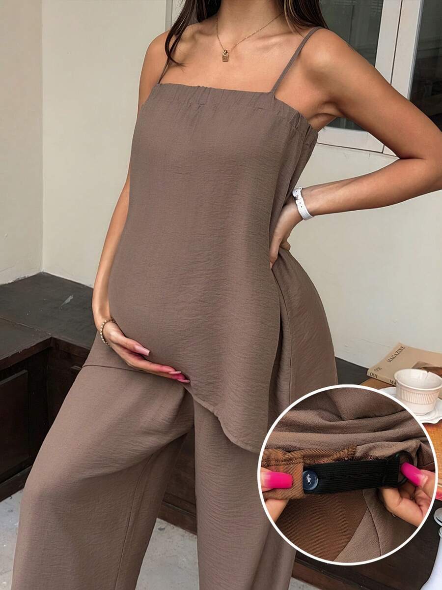 Casual Vacation Style Loose Camisole Top And Long Pants Two Pieces Set, Brown, Maternity - Brown - View 1