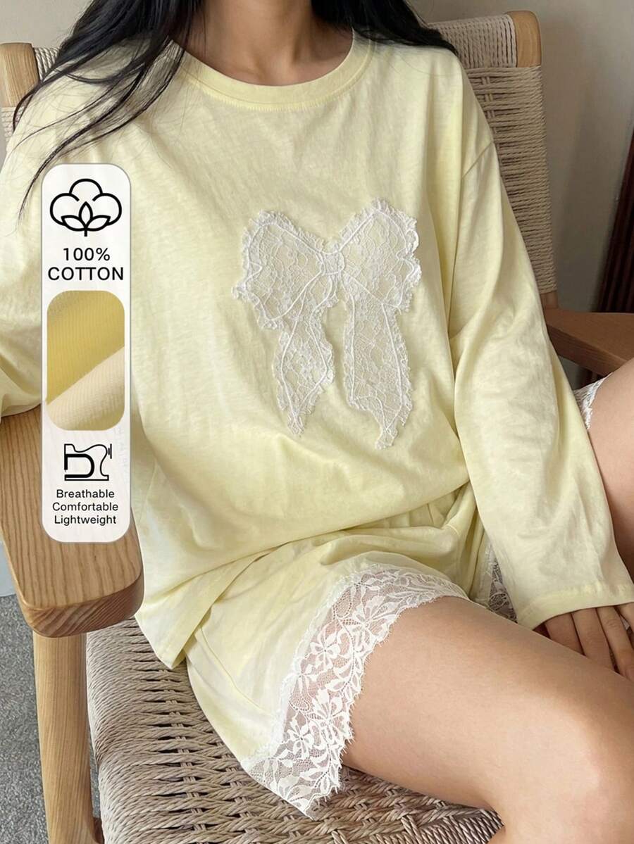 DAZY Conjunto de pijama de 2 piezas con camiseta de manga larga holgada y pantalones cortos con parches de encaje y decoración de moño, para verano - Amarillo - Ver 1
