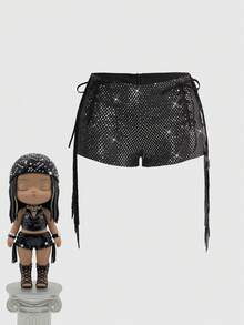 ROMWE Short mini à franges pailletées ultra taille basse avec laçage sexy rétro Y2K, convient pour l'été, la plage, la cérémonie de remise des diplômes, Pâques, les concerts, les vacances, les fêtes, le punk de rue, les festivals de musique et autres occasions - Noir - Voir 14