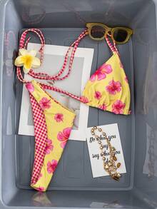 Swim Mod Summer Vacation Sexy Color Block Floral Trim Halter Backless Triangle Cup Bikini Set Golf White - Multicolor - View 1