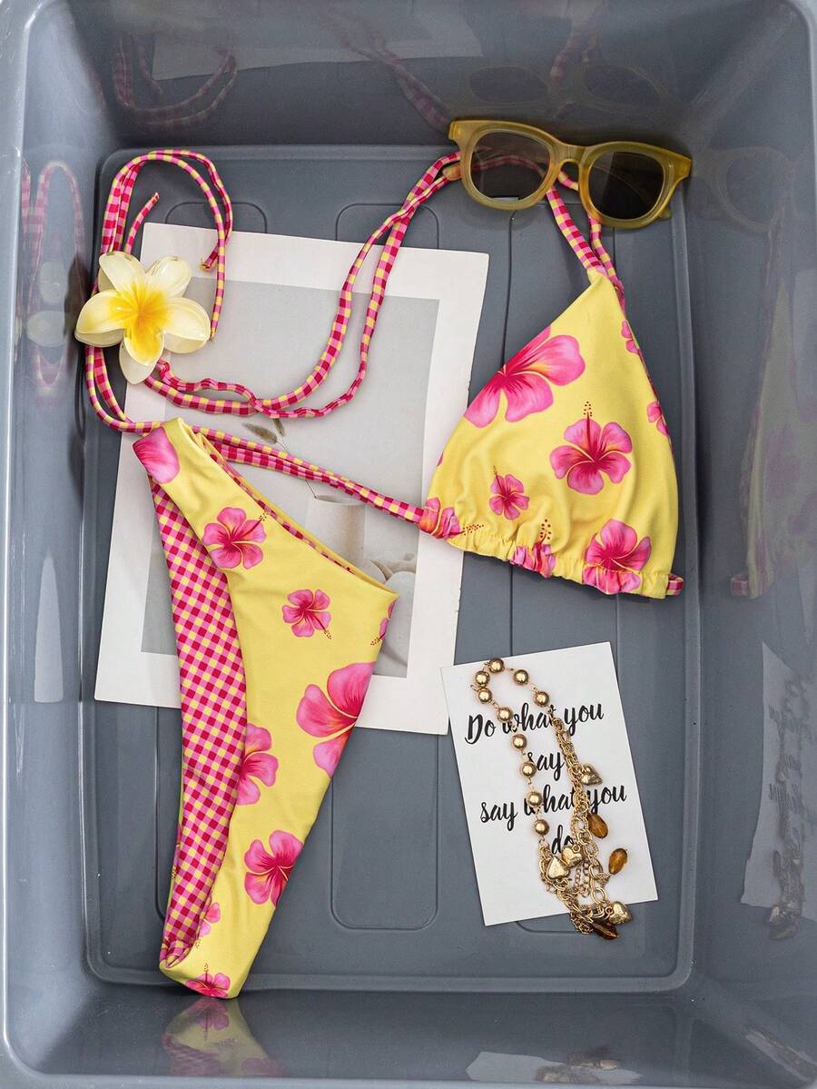 Swim Mod Summer Vacation Sexy Color Block Floral Trim Halter Backless Triangle Cup Bikini Set Golf White - Multicolor - View 1