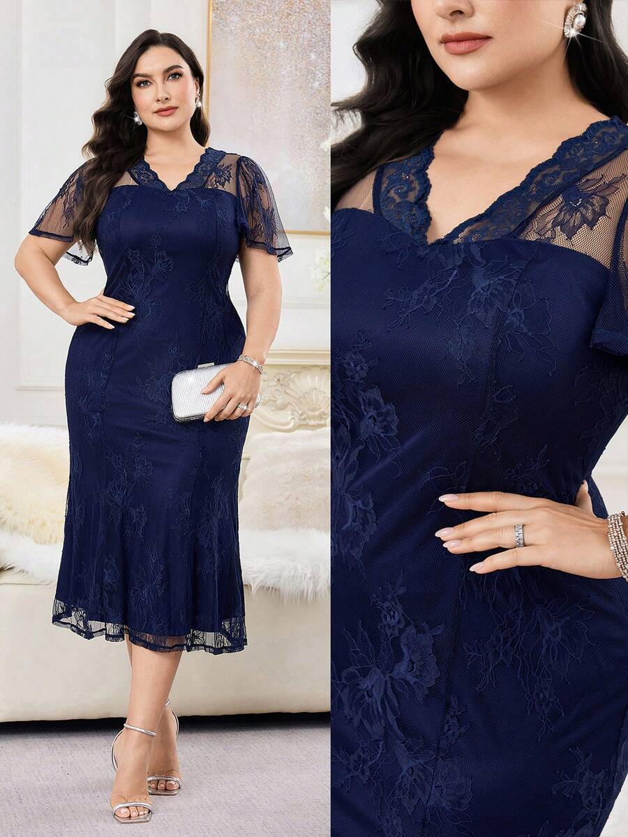 Modelyn Plus Size Women's Lace Ruffle Short Sleeve Fishtail Hem Elegant Dress