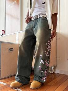 STEELVANCE Vintage Distressed Cat Whisker Design Embroidered Loose Straight Leg Casual Jeans, Versatile Streetwear - Blue - View 3