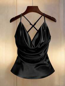 SHEIN Camiseta de satén suelta y brillante con escote pronunciado, elegante y diaria, primavera/verano 2026 para mujer - Negro - Ver 4