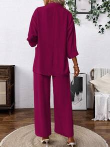 Conjunto de traje informal compuesto por un blazer de color liso con bolsillos y pantalones de pierna ancha cintura alta con cordón, estilo de ocio - Rojo violeta - Ver 2
